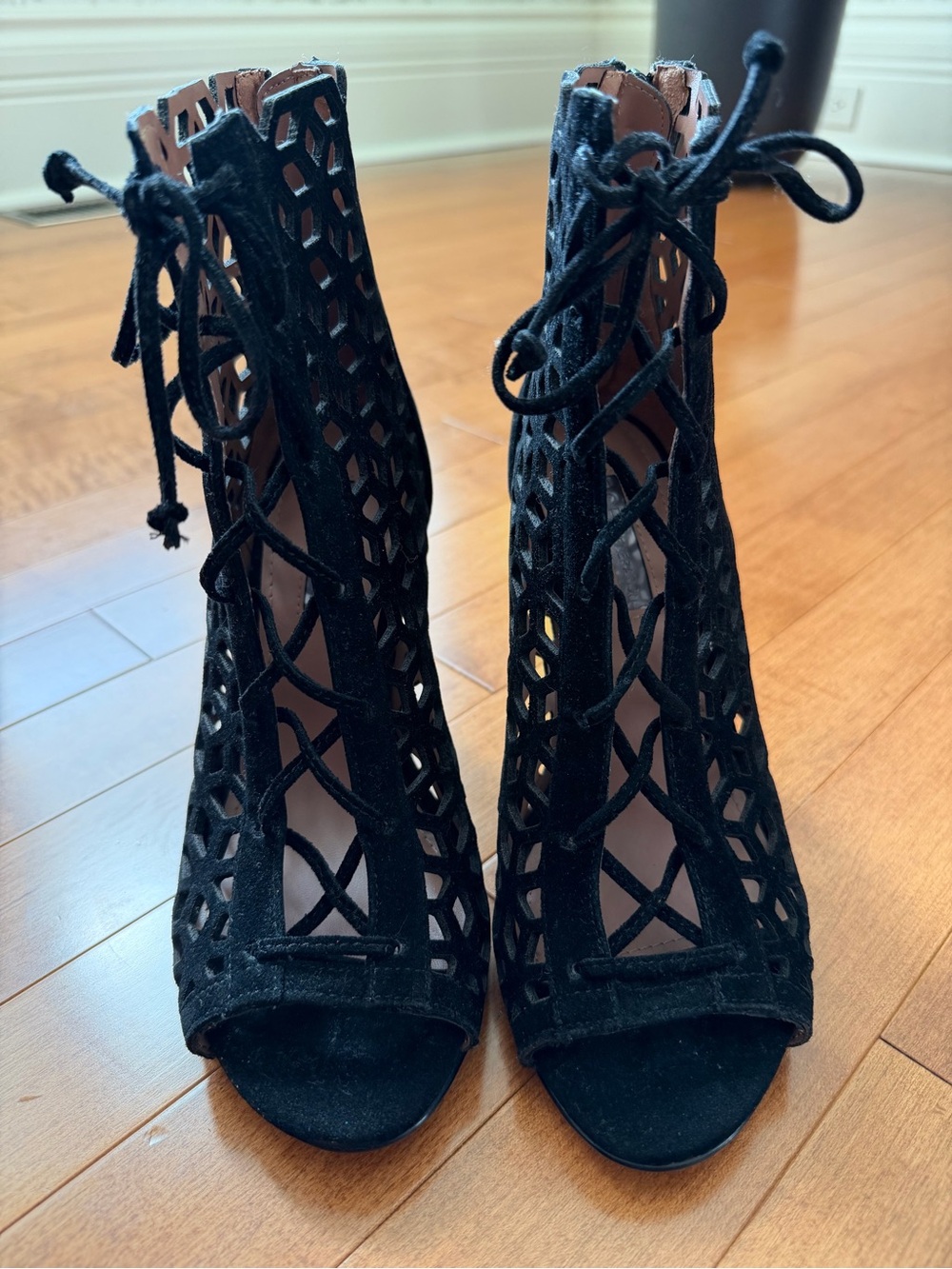 BCBGeneration Black Lace-Up Cutout Peep-Toe Heels